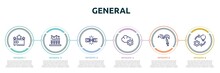 General Concept Infographic Design Template. Included Credit Rating, Business Performance, Chain, Cloud Service, Gmo, Implementation Icons And 6 Option Or Steps.