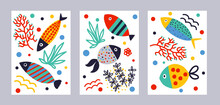 Set Of Posters With Exotic Fish. Cute Vector Illustration. For Nursery Decor, Gerrting Card.