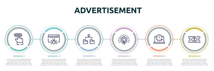 Wall Mural - advertisement concept infographic design template. included subscription, web crawler, diagram folder, creative plan, circular clock, discount voucher icons and 6 option or steps.
