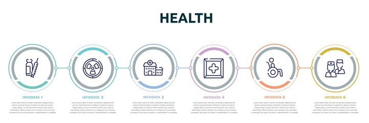 health concept infographic design template. included syringe with medication, radioactive danger, health center, cross inside a square, wheelchair accesibility, two nurses icons and 6 option or