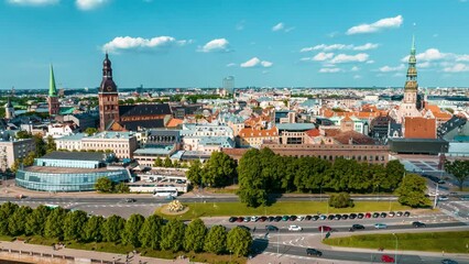 Wall Mural - Aerial hyperlapse of the Riga city - the capital of Latvia. Beautiful time flow over Riga old town near Domes cathedral.
