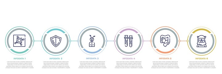 concept infographic design template. included pandemic, shield, headache, blood sample, intestine, safety suit icons and 6 option or steps.