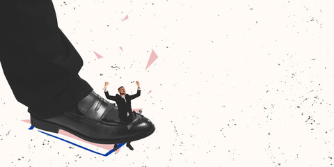 Wall Mural - Contemporary art collage. Conceptual image. Young man standing in broken shoes and celebrating fake success.