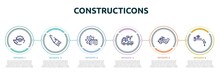 Constructicons Concept Infographic Design Template. Included Saw Half Cogwheel, Band Saw, Tools Window, Truck With Crane, Construction Materials Transport, Stopcock Icons And 6 Option Or Steps.