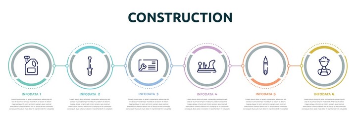 Canvas Print - construction concept infographic design template. included engine oil, screwdrivers, business cards, wood plane, voltage indicator, construction worker icons and 6 option or steps.