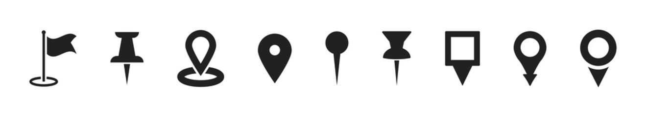 Set of map pin icons. Location marker collection. Vector isolated illustration.