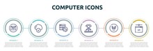 Computer Icons Concept Infographic Design Template. Included Mail, Connected Clouds, Spreadsheet Chart, Computer Worker, Frown Emot, Network Administration Icons And 6 Option Or Steps.