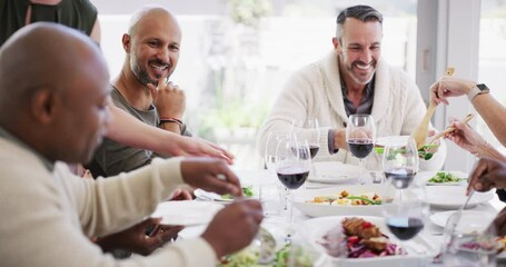 Poster - Diverse and mature group of friends eating, drinking and having lunch around a dining room table at home. Happy colleagues enjoying food and wine while bonding and having dinner together in restaurant