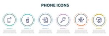 Phone Icons Concept Infographic Design Template. Included Mobilephone, Vintage Cellphone, Paper Note, Zooming, Old Telephone Ringing, Telephone Line 24 Hours Service Icons And 6 Option Or Steps.