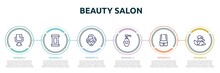 Beauty Salon Concept Infographic Design Template. Included Makeup Mirror, Makeup Remover Wipes, Beauty Face Mask, Liquid Soap, Women Waist, Three Stones Icons And 6 Option Or Steps.