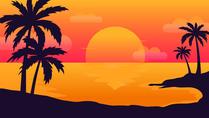 Canvas Print - Sunset beach mountain coconut landscape vector illustration