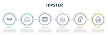Hipster Concept Infographic Design Template. Included Cat Eye Glasses, Breast, Hair Roller, Hairy, Tea Bag, Hand Bag Icons And 6 Option Or Steps.