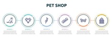 Pet Shop Concept Infographic Design Template. Included Dog Seatting, Male Sheep Head, Nymphicus Hollandicus, Pet Comb, Null, Bird Cage Icons And 6 Option Or Steps.