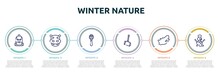 Winter Nature Concept Infographic Design Template. Included Backpack, Hippopotamus, Maracas, Shovel, South Africa, Snowman Icons And 6 Option Or Steps.
