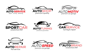 Auto logo vector set isolated on white background for detailing, car service, repair, tuning, washing isolated on white background. Stamps, banners and design elements for you business. 10 eps