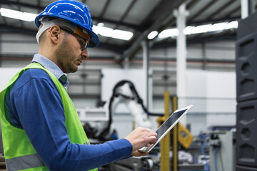 Wall Mural - Engineer man working in robotic factory while monitoring the project on smart tablet