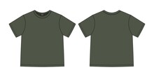 Apparel Technical Sketch Unisex Oversize T Shirt. T-shirt Design Template. Khaki Green Color.
