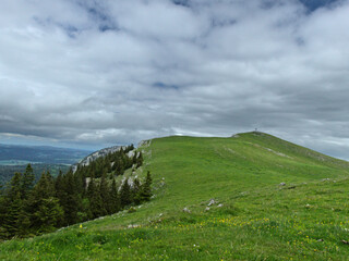 Le Suchet, Switzerland - May 2022 : Hiking to the Suchet mountain (1587 m) in the Swiss Jura Mountains	