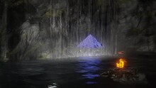 Person Meditates On Cave Lake Island With Waterfall In Front Of Glowing Pyramid. 3D Render, Seamless Loop.