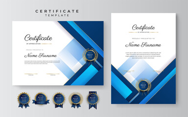 Modern elegant blue and gold diploma certificate template. Certificate of achievement template with gold badge and border