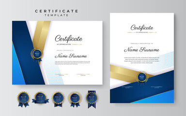 Wall Mural - Modern elegant blue and gold diploma certificate template. Certificate of achievement template with gold badge and border