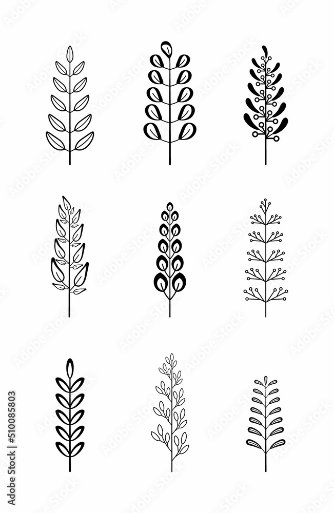 Vintage tree branches vector set in hand drawn style with leaves and ...