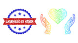 Fototapeta Psy - Net love care hands wireframe icon with rainbow gradient, and bicolor grunge Assembled by Hands seal stamp. Red stamp seal contains Assembled by Hands title inside blue rosette.