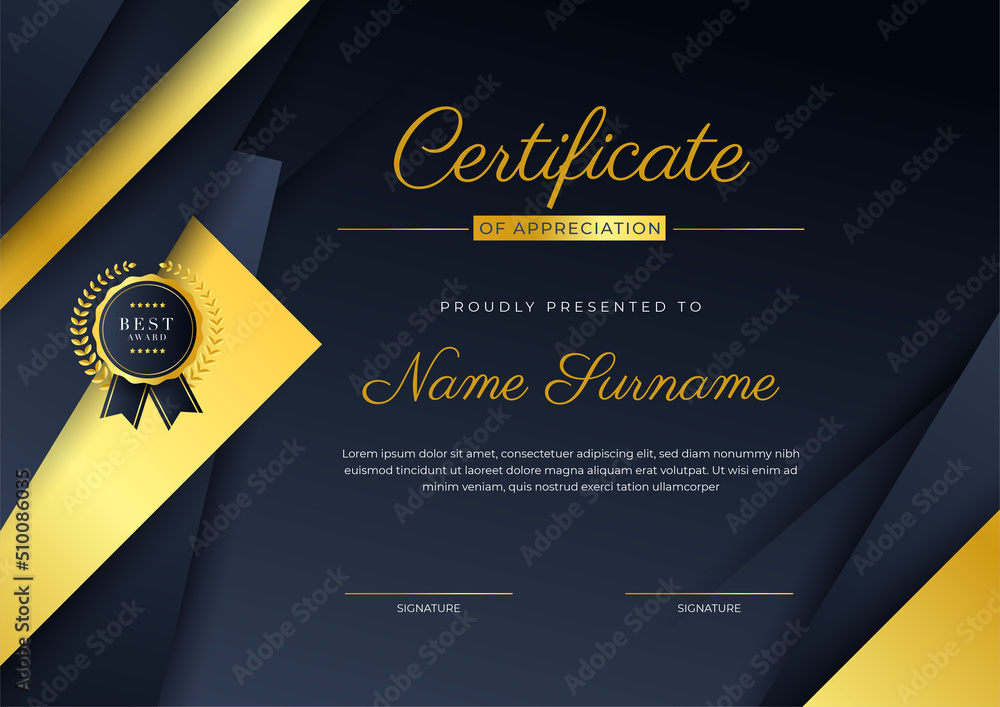 Blue and gold certificate of achievement template with gold badge and ...