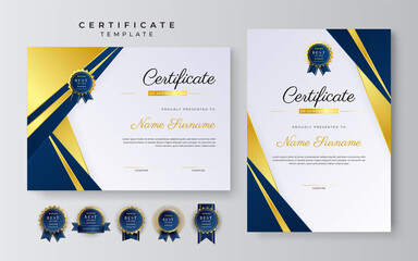 Dark blue and gold certificate of achievement border template with luxury badge and modern line pattern. For award, business, and education needs