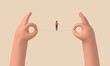 Person balancing on a tightrope held between two hands. 3D Rendering