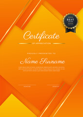 Certificate of appreciation template, gold and orange color. Clean modern certificate with gold badge. Certificate border template with luxury and modern line pattern. Diploma vector template