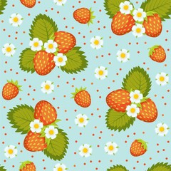 Wall Mural - Seamless pattern with colorful strawberries, blossom and leaves. Vector illustration.