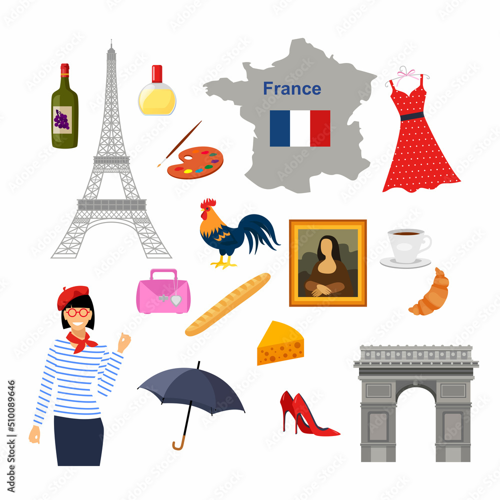 Vector illustration in cartoon style with symbols of France. Set of ...