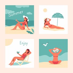 Vector abstract summer time illustration card. Set of woman or girl relaxing on the beach in ocean waves. Summer party. Hello summer cards vector. Cute trendy poster set.