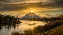 Sun Atop Of The Mountain At Oxbow Bend In Grand Teton National Park