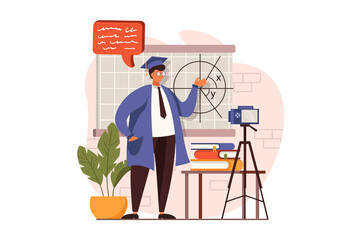 Poster - Online education web concept in flat design. Teacher explains lesson near blackboard, recording webinar at camera, prepares video for educational platform. Illustration with people scene