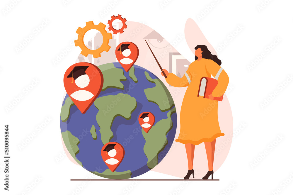 Online education web concept in flat design. Teacher explains lessons ...