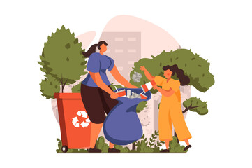 Poster - People collecting garbage web concept in flat design. Woman and girl gathering waste in bag, sorting trash into recycling bins. Family cleaning nature. Illustration with people scene
