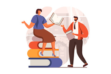 Fototapete - People reading book web concept in flat design. Man and woman reading books. Students study textbooks and prepare for exams. Literature, library, education. Illustration with people scene