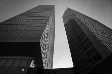 Warsaw, Mazowieckie, Poland April 22 2022 - Down angle view of the city skyscrapers. Good for architectural and investment purposes. In black and white grayscale