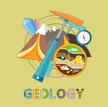 Geology Excavations And Geological Researches. Pick And Compass Equipment, Closeup Of Ground Layers With Fossils And Minerals Vector Illustration Emblem
