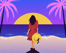 Woman On A Tropical Paradise Beach Watching The Sunset