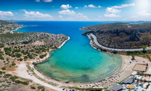 Panoramic View Of Lomvarda Beach, Or So Called Mojito Bay, At The South Coast Of Athens, Attica, Greece