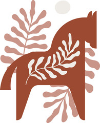 Abstract Boho illustration of Horse Silhouette in Simple Scandinavian Style with Botanical Elements