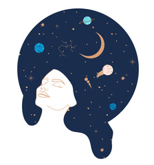 female portrait with a galaxy on her head illustration