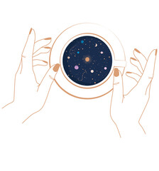 galaxy in cup and human hands illustration