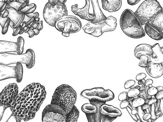 Wall Mural - Hand drawn different mushrooms border