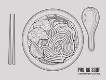 Vietnamese Pho Bo Noodles Soup. Top View Outline Doodle Style Illustration.