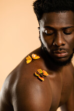 Shirtless African Man With Yellow Butterflies On Shoulder