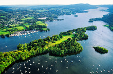 Lake Windermere In The Lake District National Park, Cumbria, England. Aerial South Over Belle Isle.